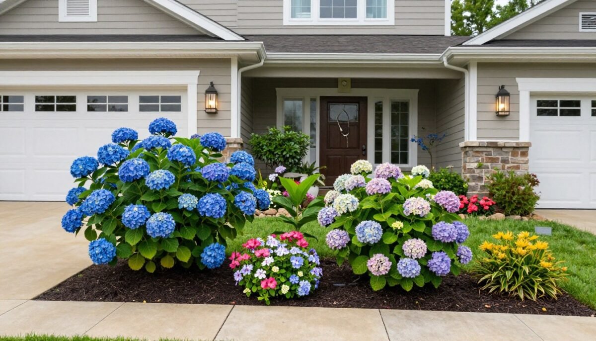 Beautiful completed front yard hydrangea landscape design