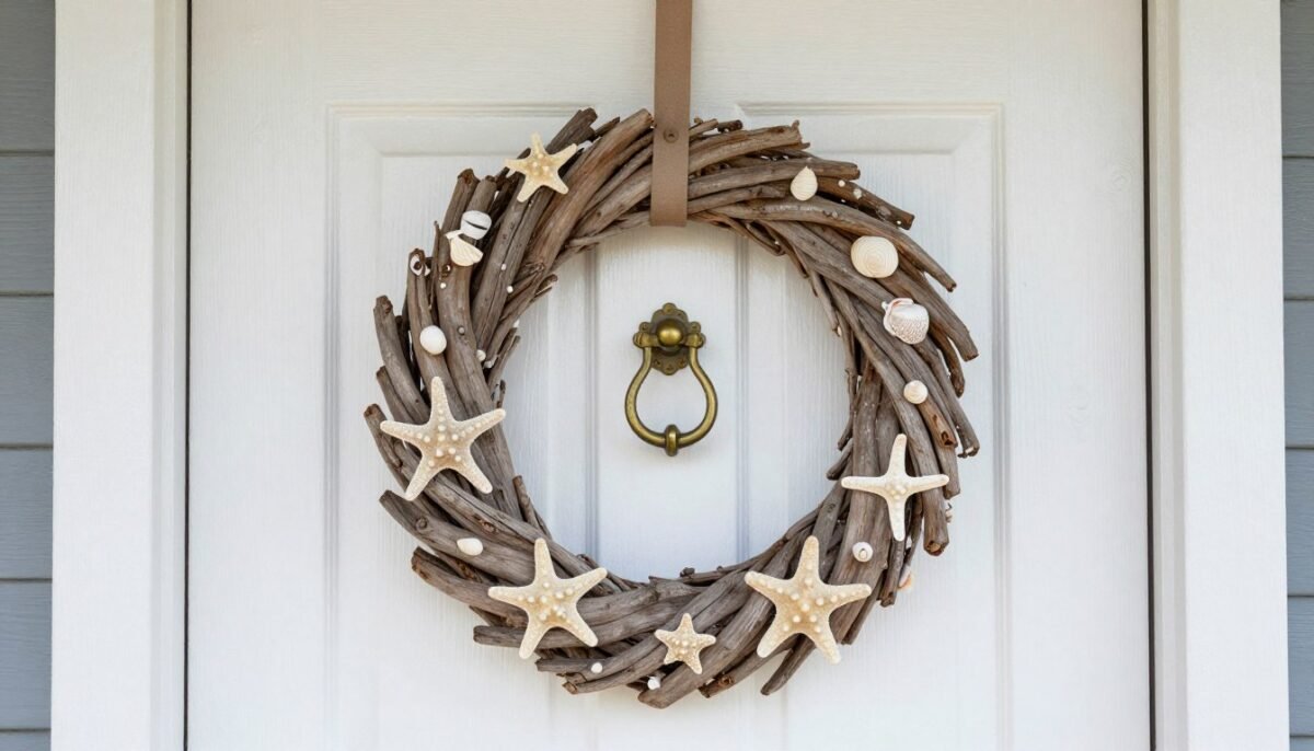 Beautiful driftwood wreath hanging on white door showcasing intermediate craft skills