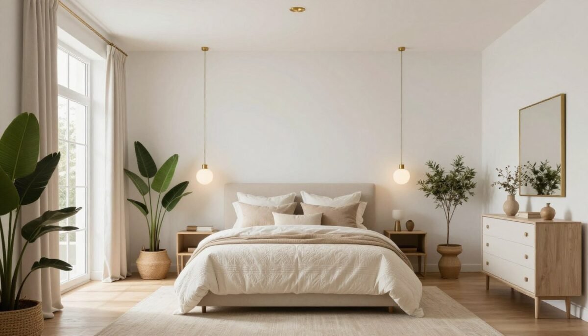 Beautiful finished cream and white bedroom showcasing multiple design elements