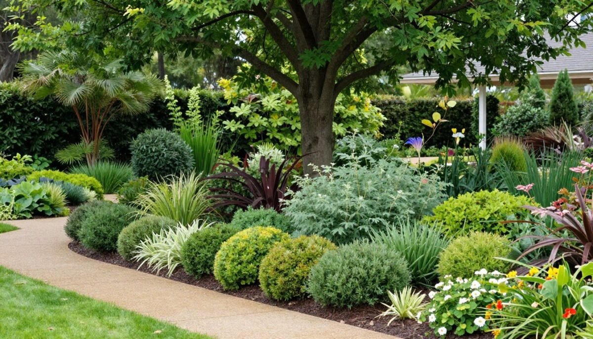 Beautiful layered shade garden design with multiple shrub types
