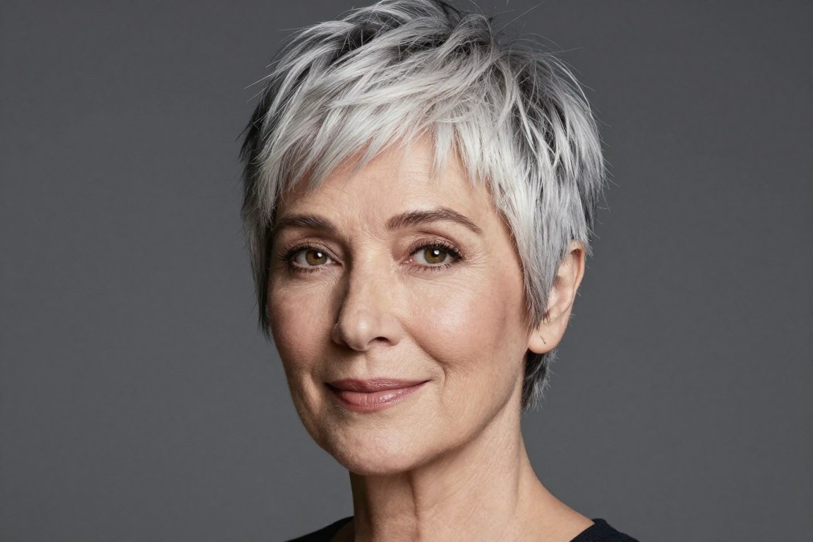 Beautiful natural gray pixie cut celebrating silver hair