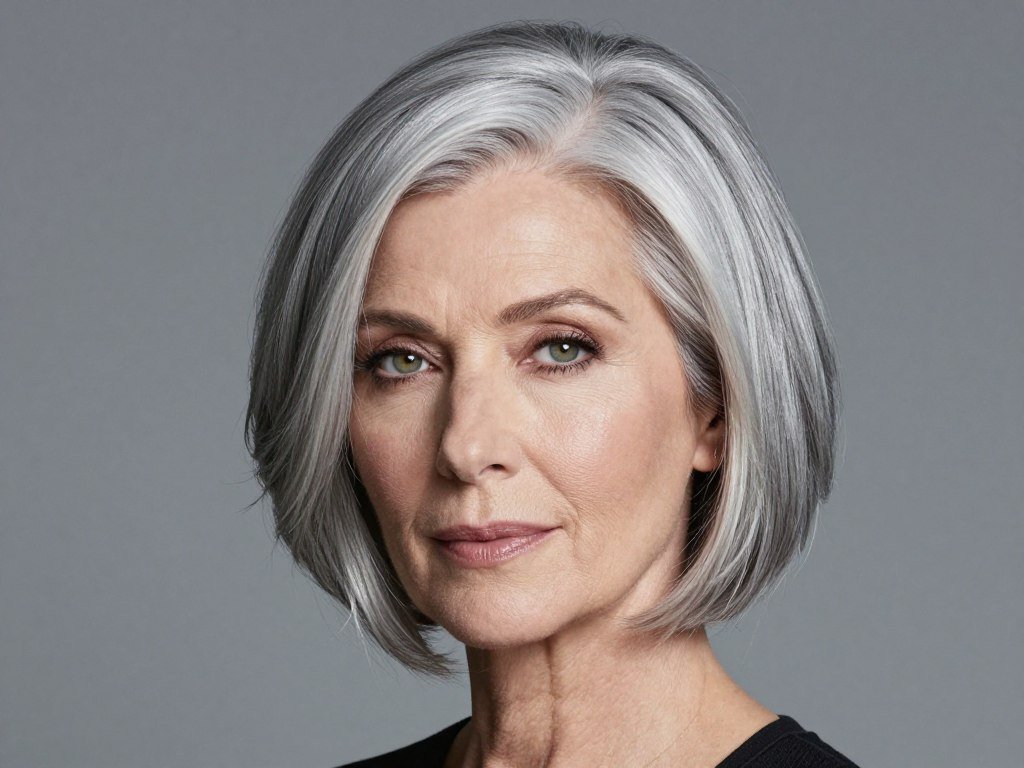 Beautiful natural grey bob on women over 60 with silver tones