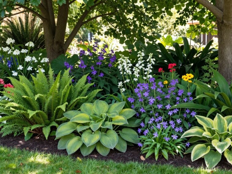 Beautiful shade garden filled with thriving shade perennials under tree canopy