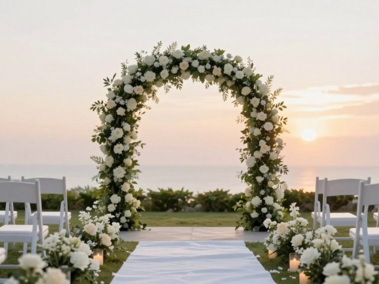 Beautiful wedding ceremony setup with elegant decorations and floral arrangements