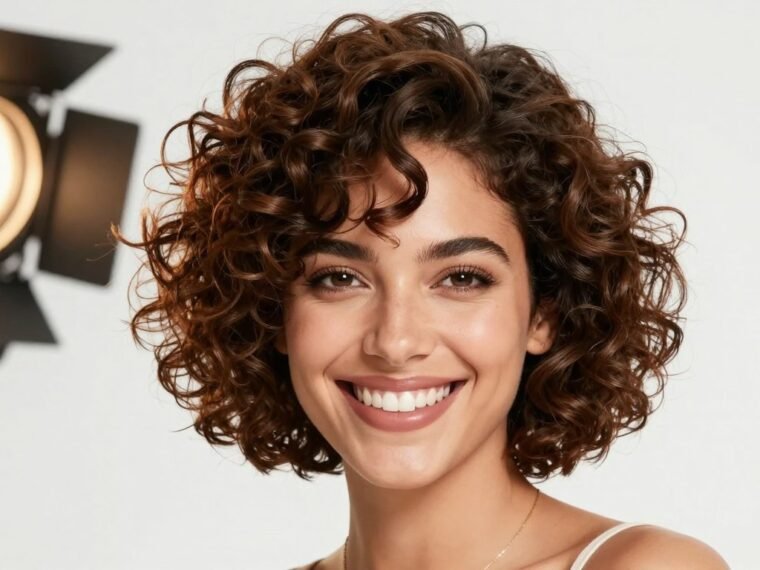 Beautiful woman with short curly hairstyle smiling confidently