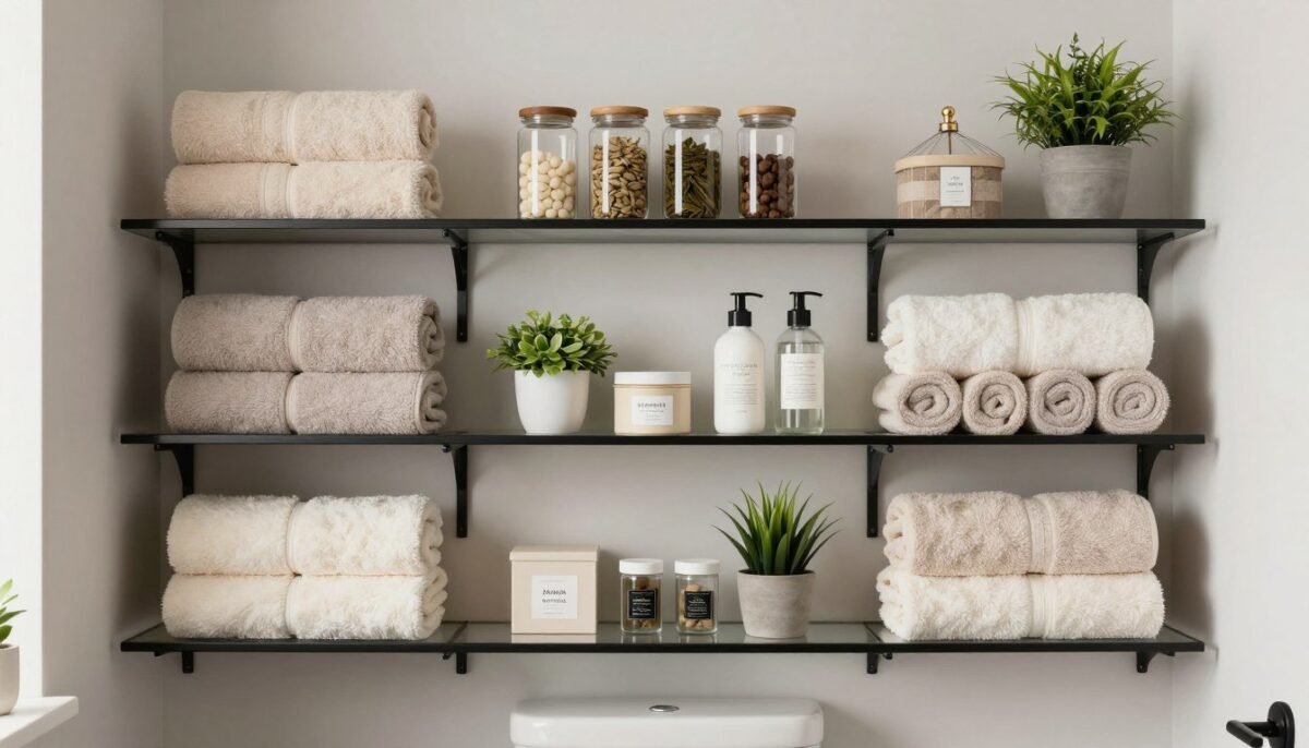 Beautifully styled bathroom shelves with organized accessories and decor