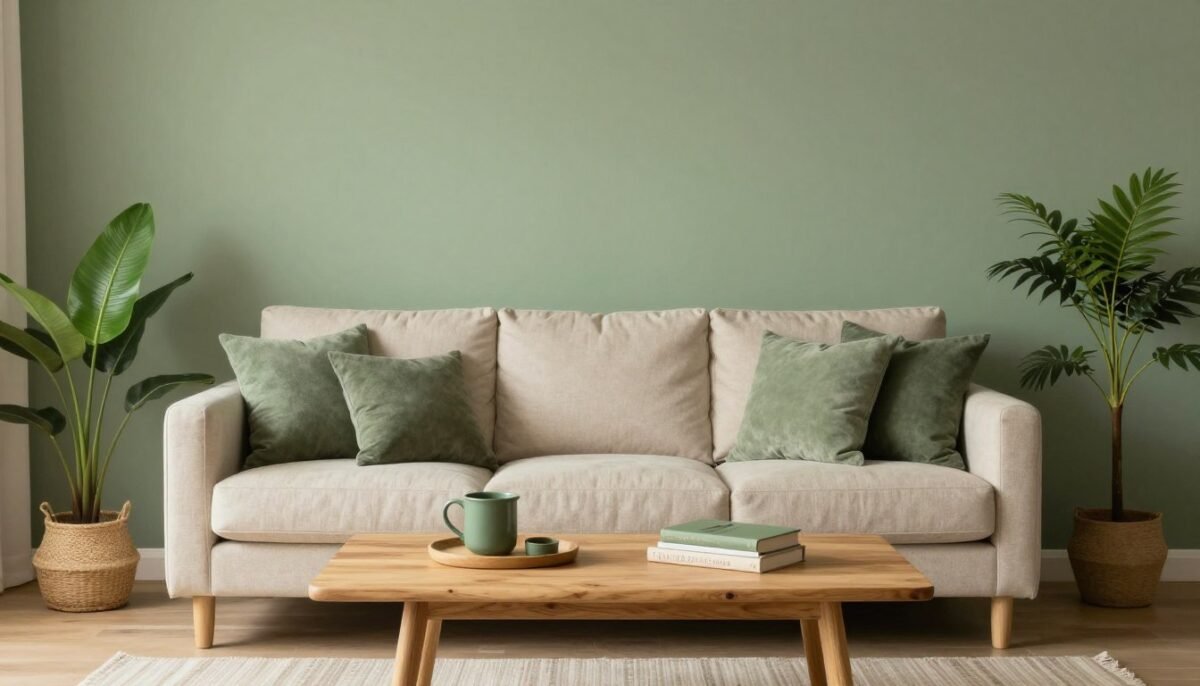 Beautifully styled green and beige living room with natural elements