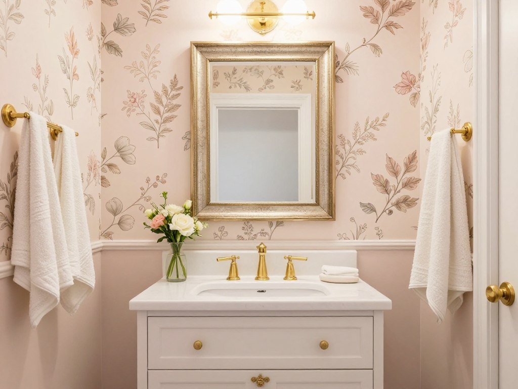 Beautifully styled powder bathroom with coordinated wallpaper and accessories