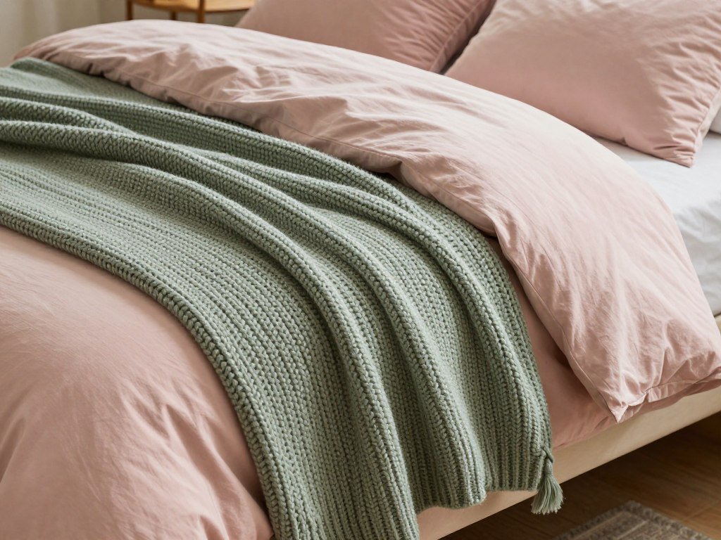 Bed with chunky knit throws in sage and blush