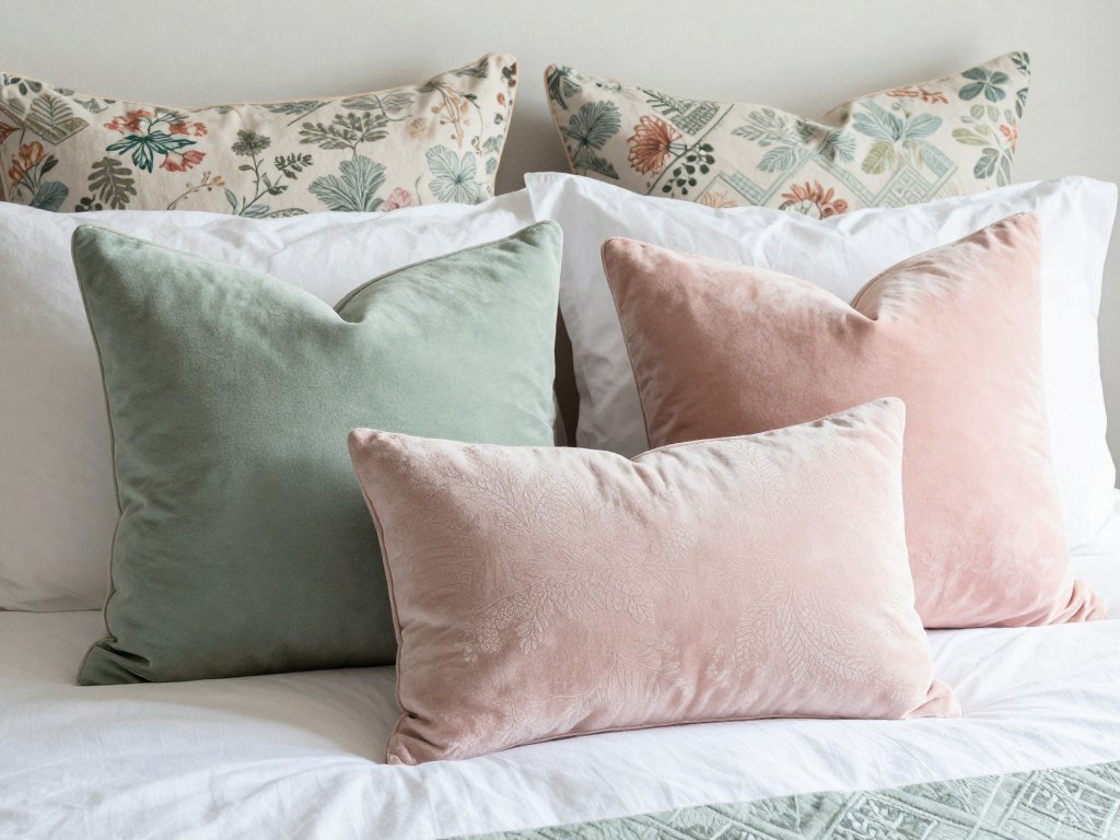 Bed with layered sage and blush throw pillows