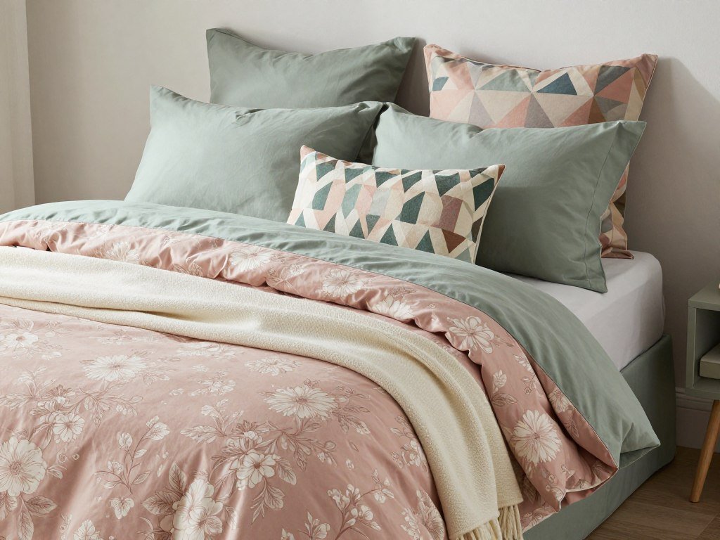 Bed with mixed pattern sage and blush bedding