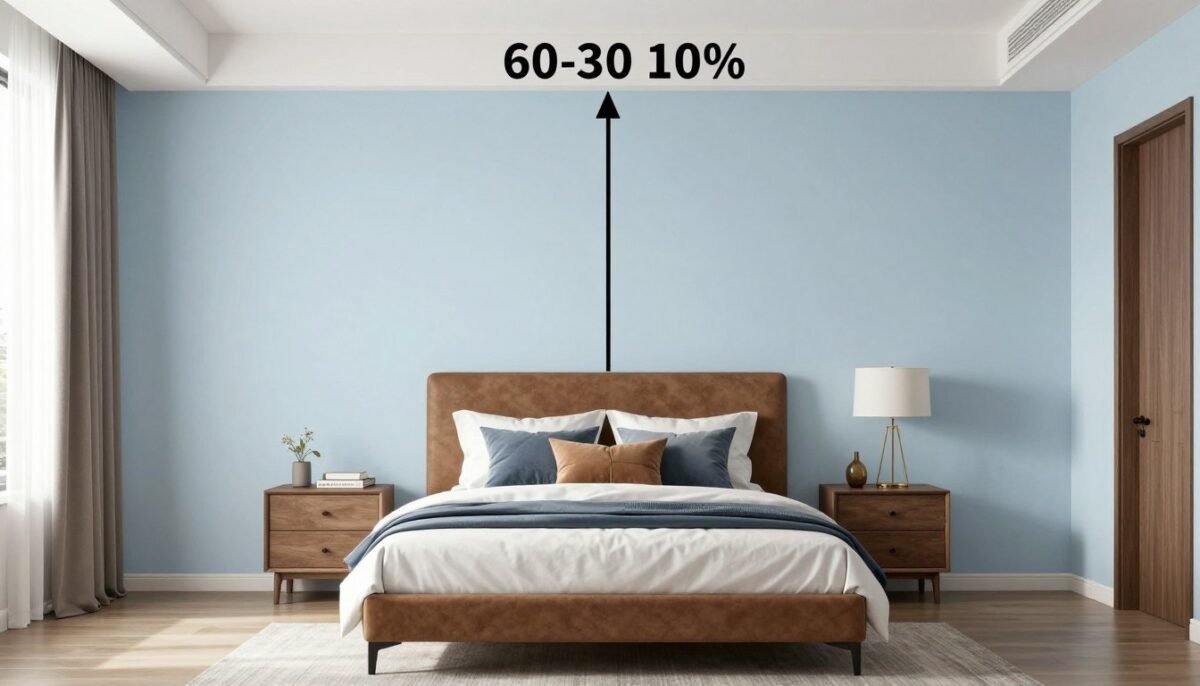 Bedroom showing 60-30-10 color rule with blue and brown Bedroom showing 60-30-10 color rule with blue and brown
