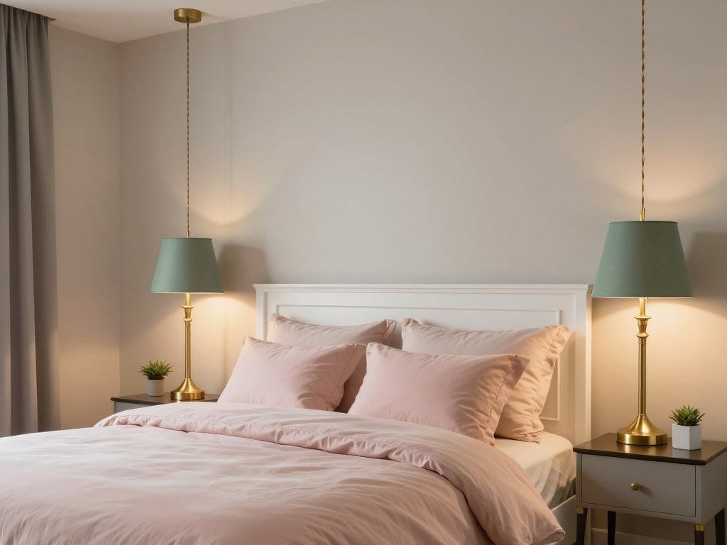 Bedroom with brass lighting and sage and pink elements