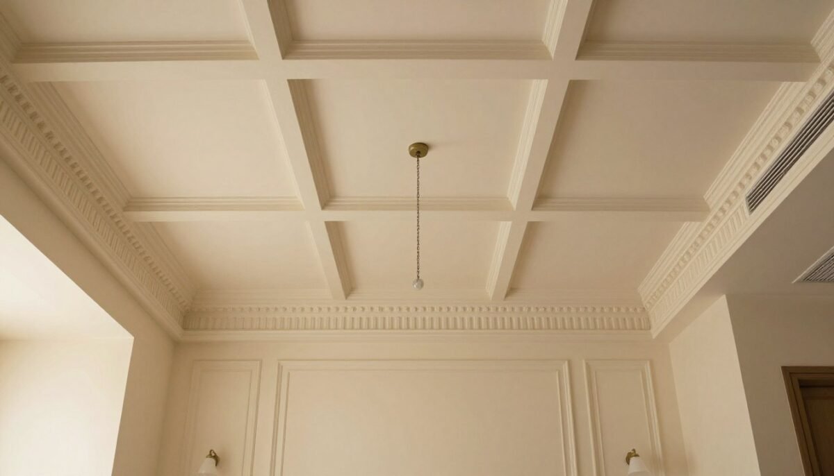 Bedroom with cream coffered ceiling detail
