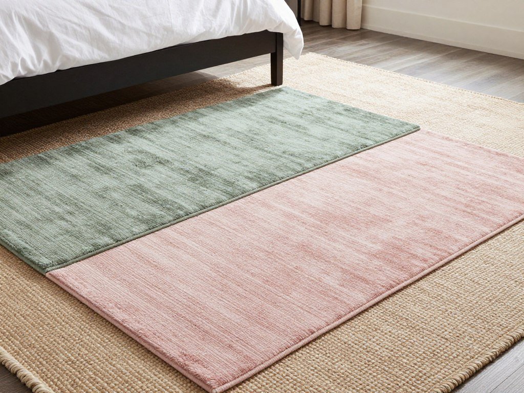 Bedroom with layered sage and blush area rugs