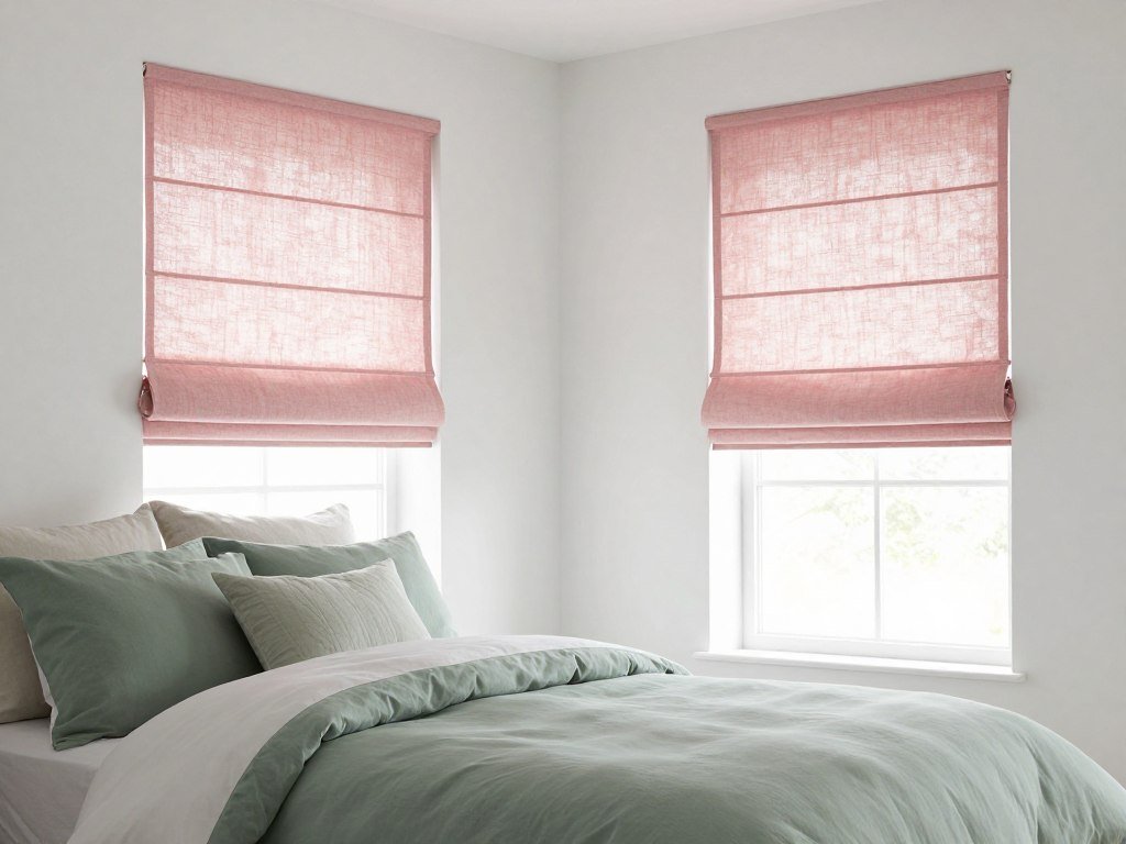 Bedroom with pink Roman shades and sage bedding
