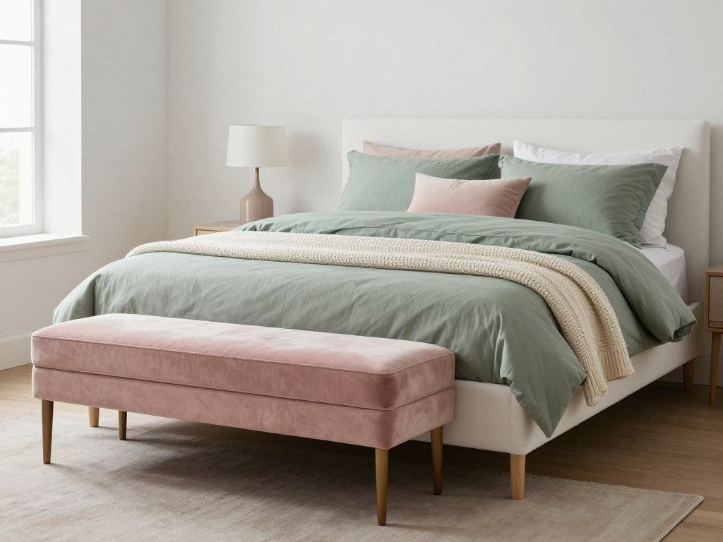 Bedroom with pink upholstered bench at foot of bed