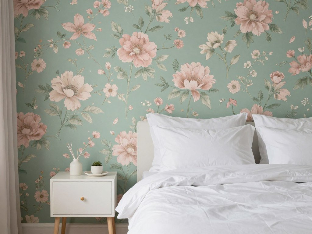 Bedroom with sage and blush floral wallpaper