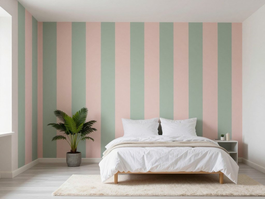 Bedroom with sage green and blush pink striped walls
