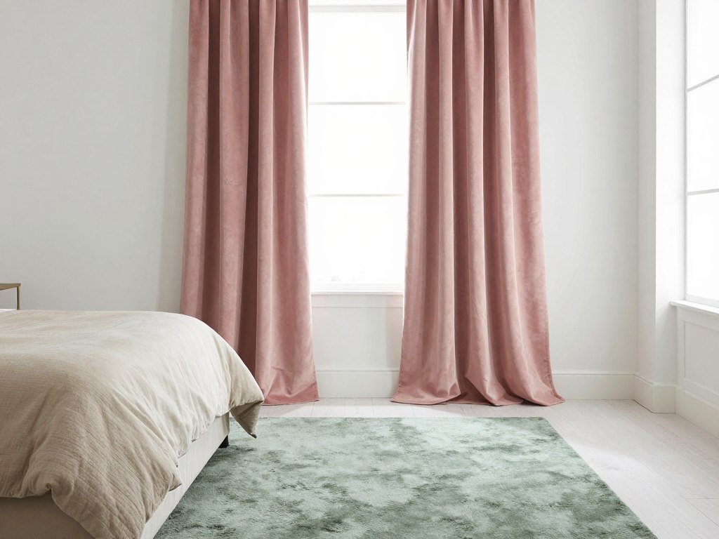 Bedroom with sage green rug and pink curtains