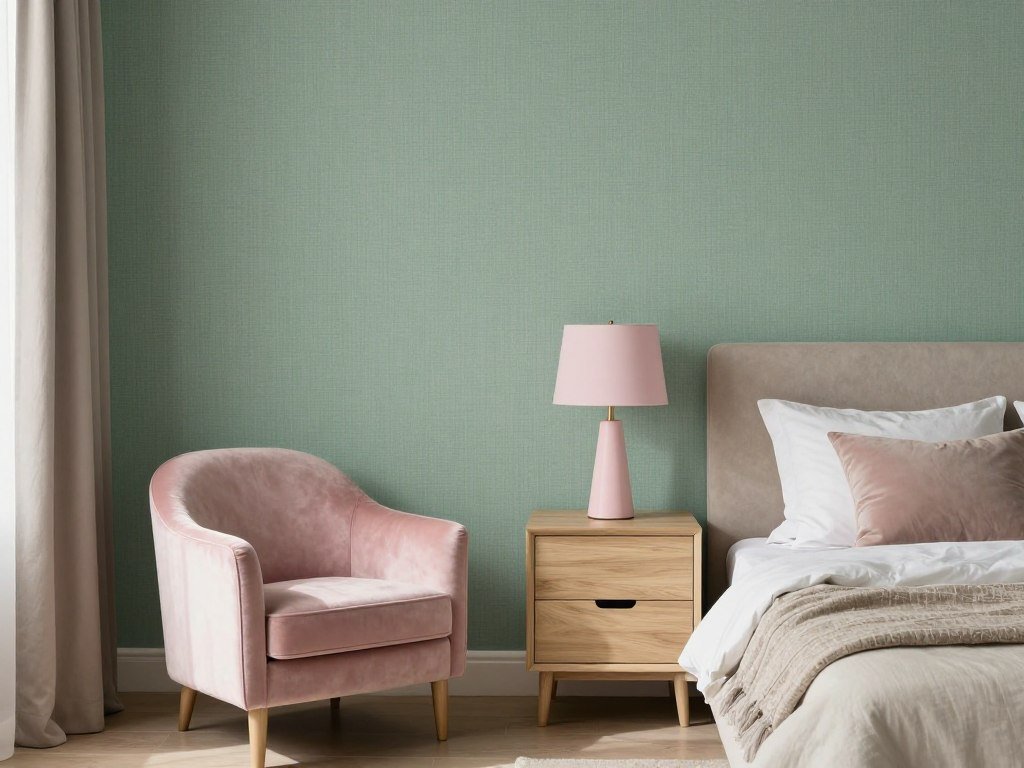 Bedroom with sage green wallpaper and pink accents