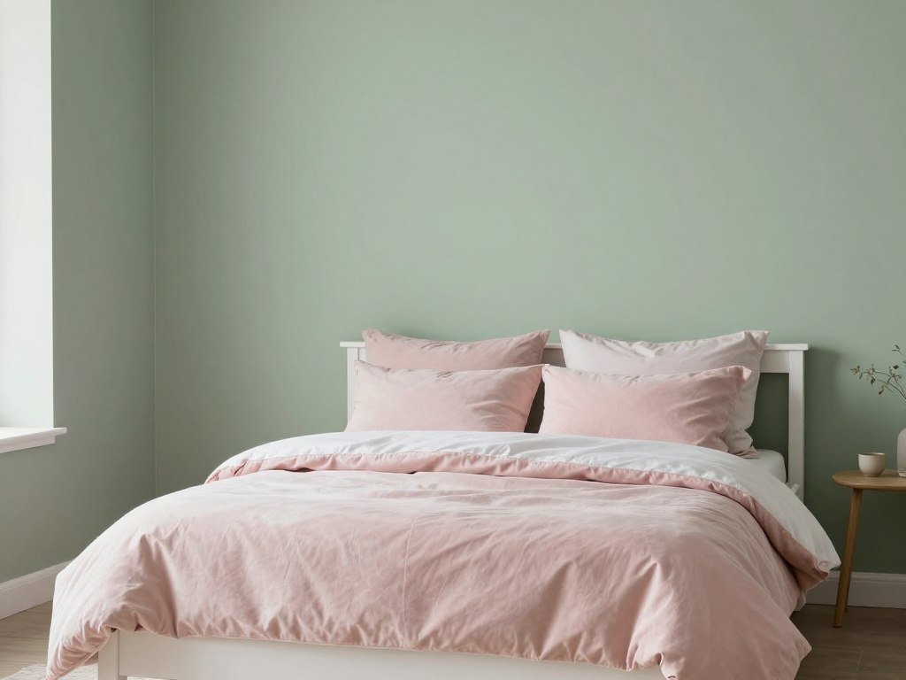 Bedroom with soft sage green walls and blush pink bedding