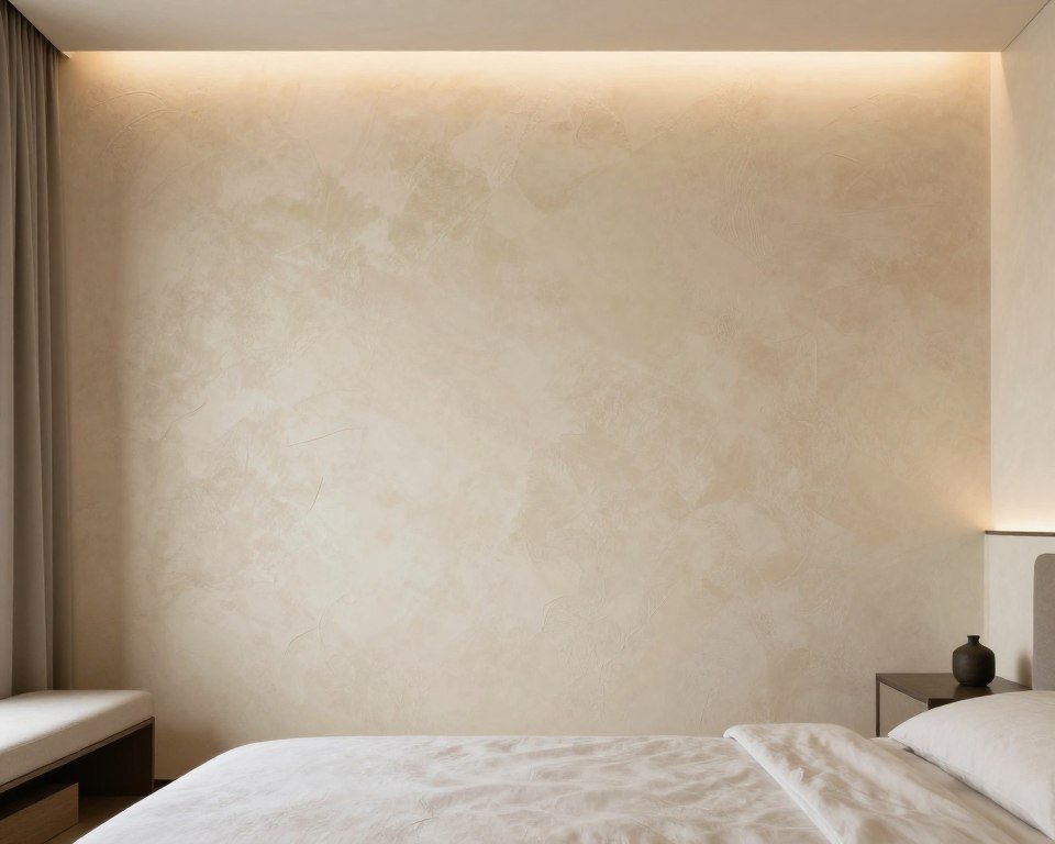 Bedroom with textured cream plaster walls