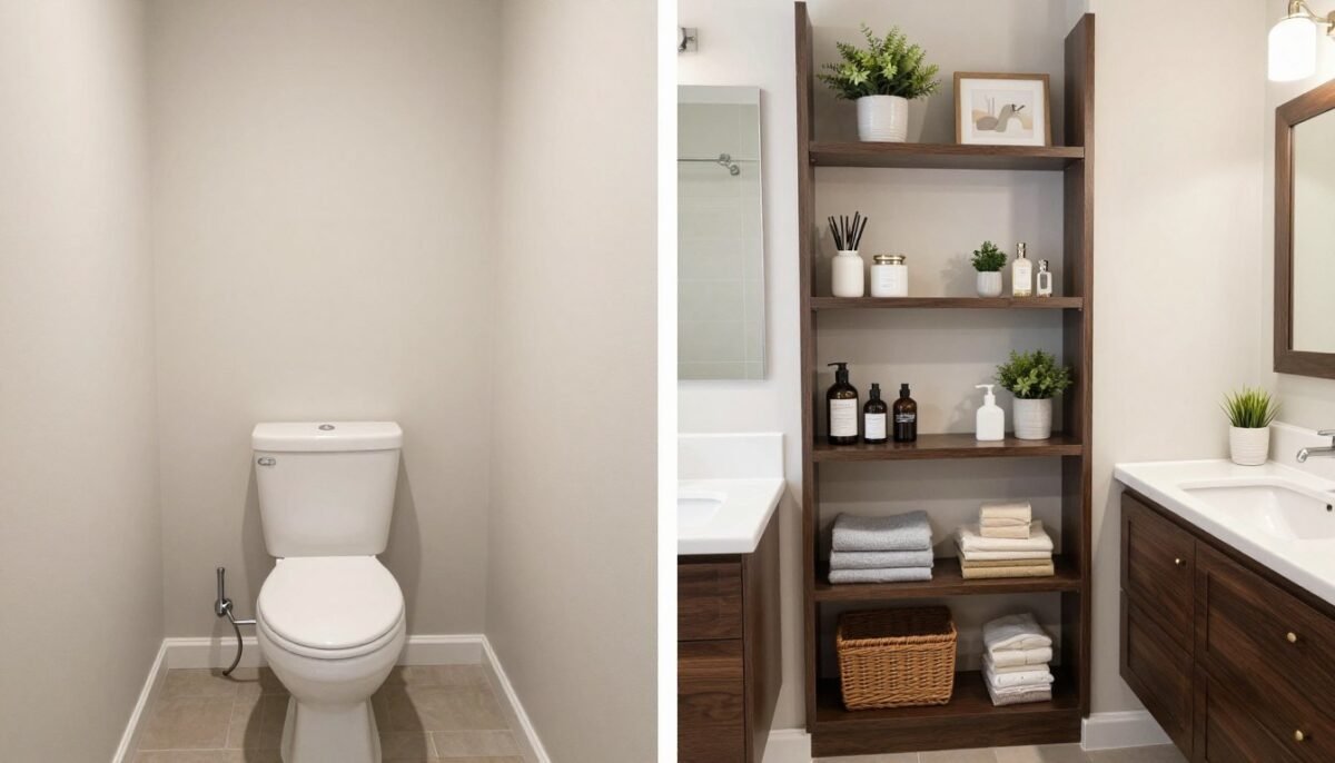 Before and after bathroom transformation showing shelves above toilet