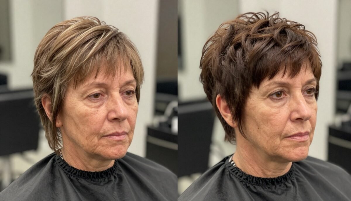 Before and after comparison of woman over 60 with volume-boosting pixie cut