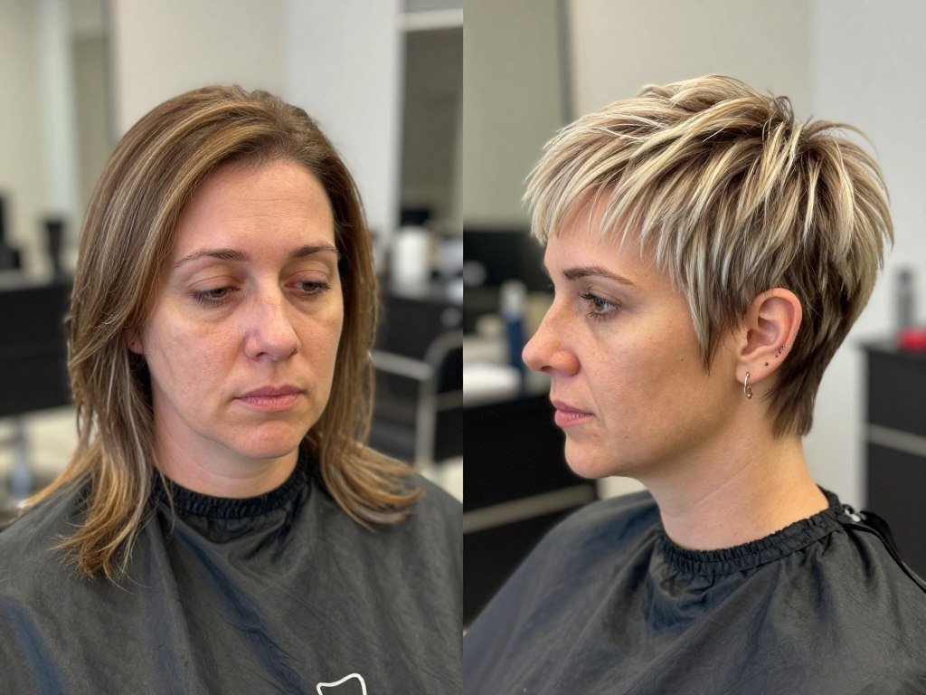 Before and after comparison showing woman with short haircut looking more youthful