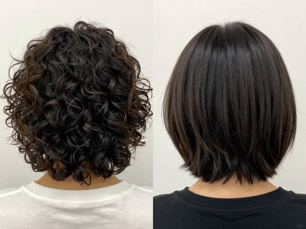 Before and after frizz control on short curly hair