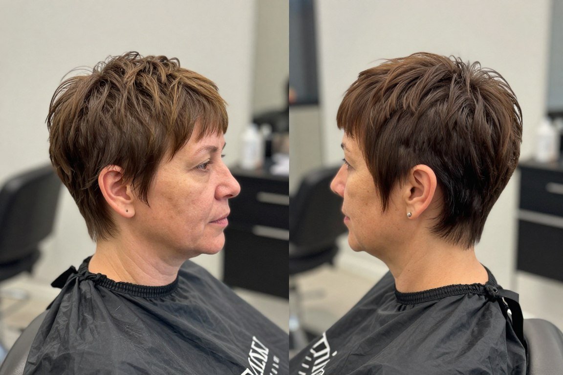 Before and after showing fresh trim maintaining short haircut shape