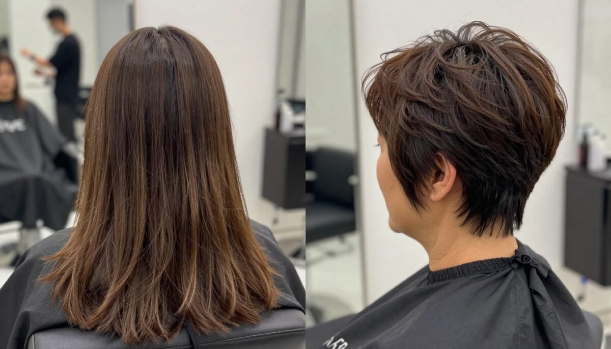 Before and after showing volume transformation with short haircut for fine hair