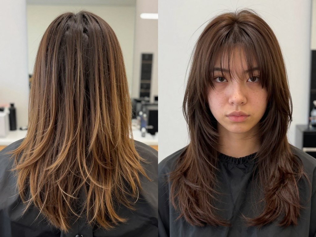 Before and after transformation with medium shag haircut
