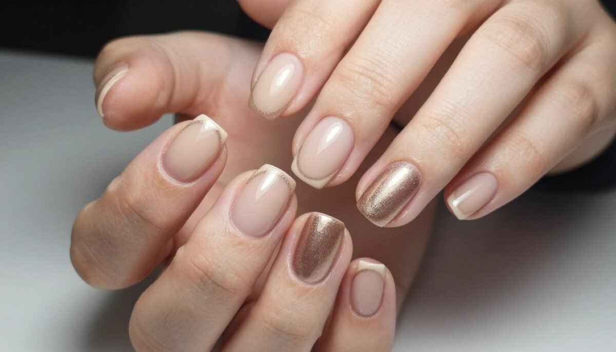 Beige and bronze French tips with subtle shimmer combination