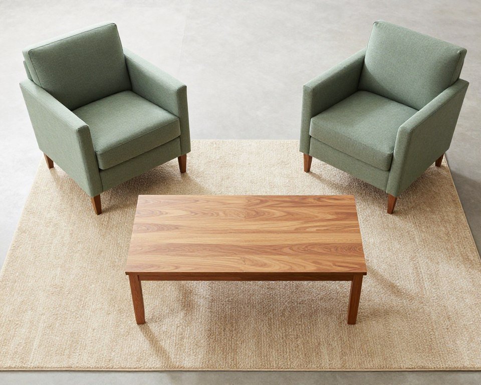 Beige area rug with green accent chairs arranged on top