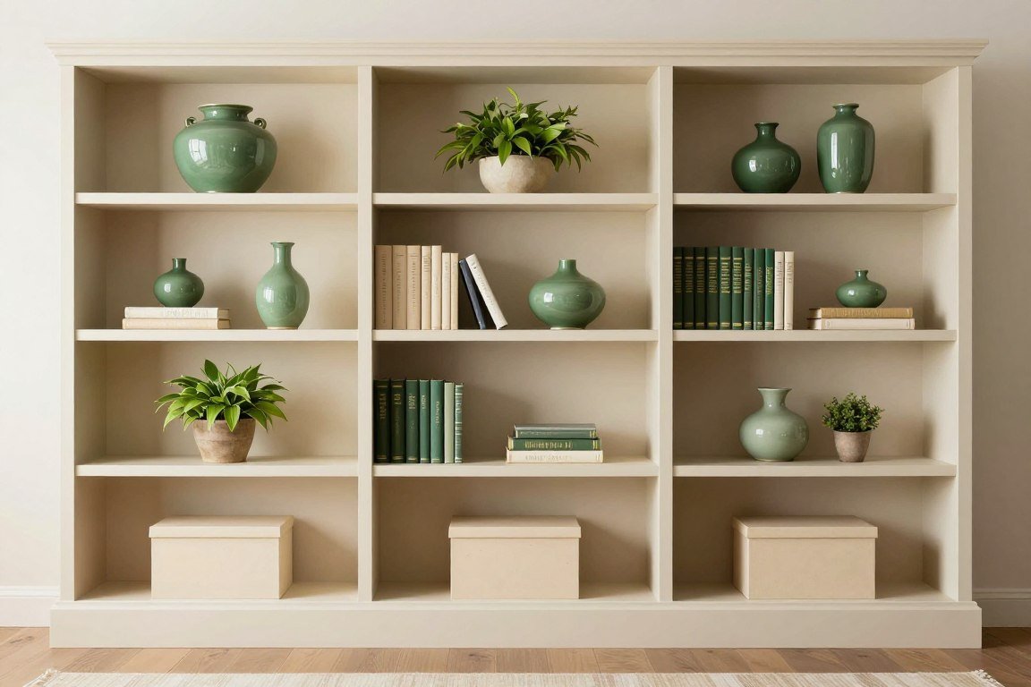 Beige built-in shelving unit styled with green decorative objects