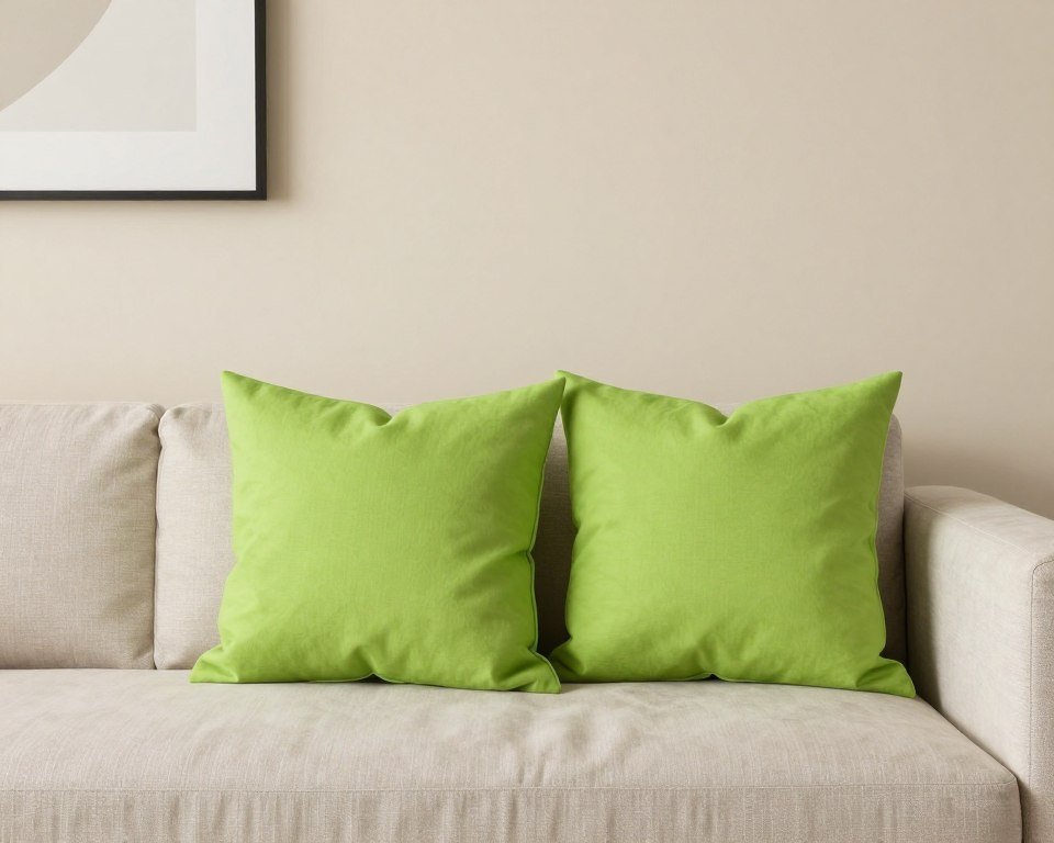 Beige living room with bright chartreuse green accent pillows
