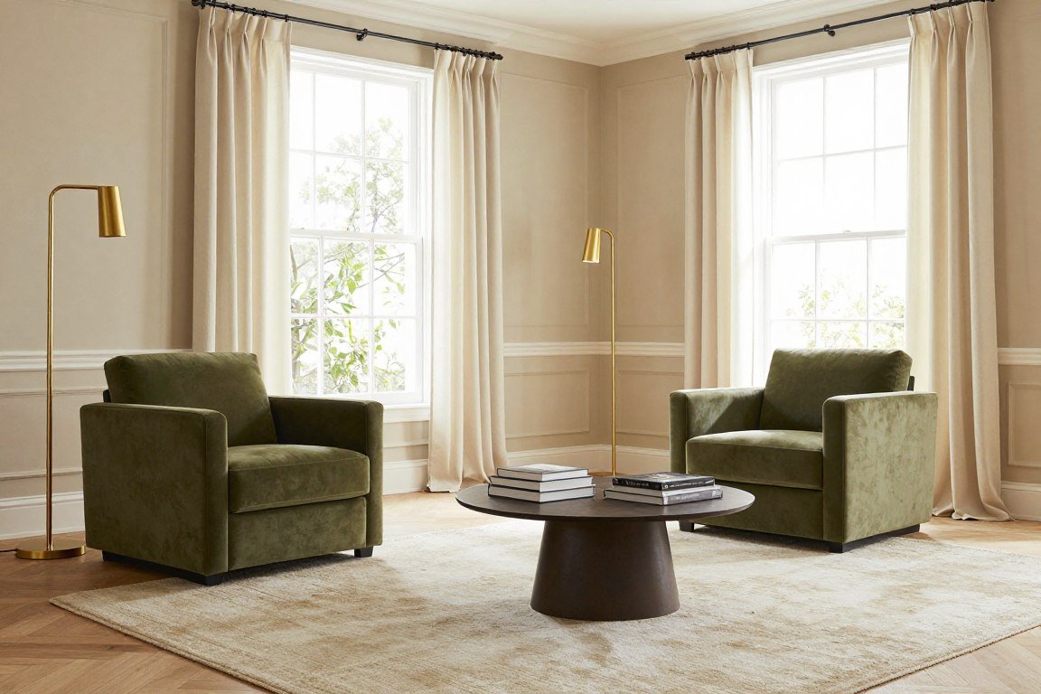 Beige living room with olive green velvet accent chairs