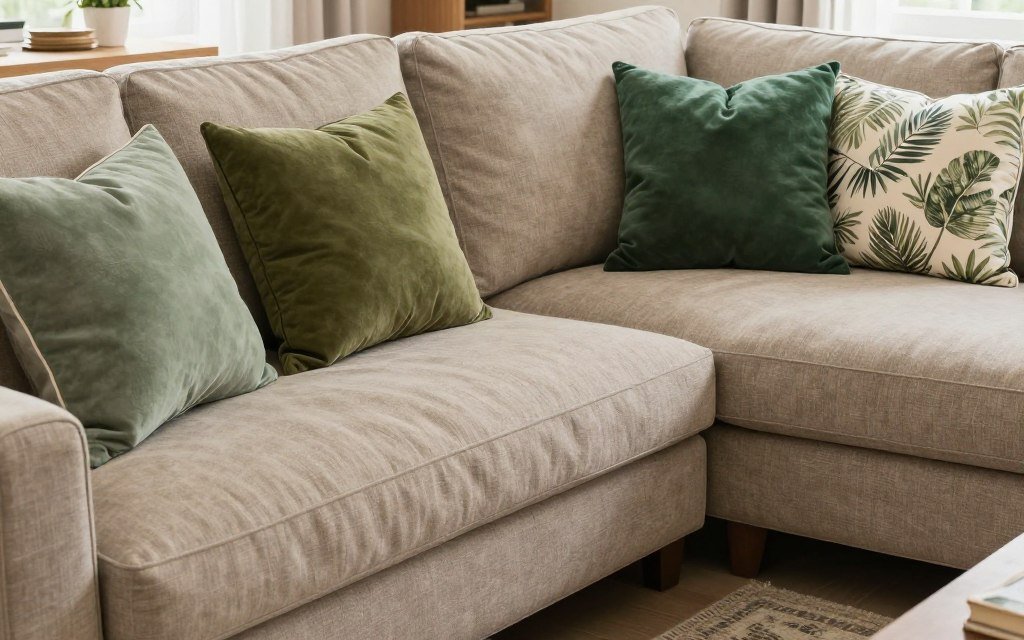 Beige sectional sofa with assorted green throw pillows