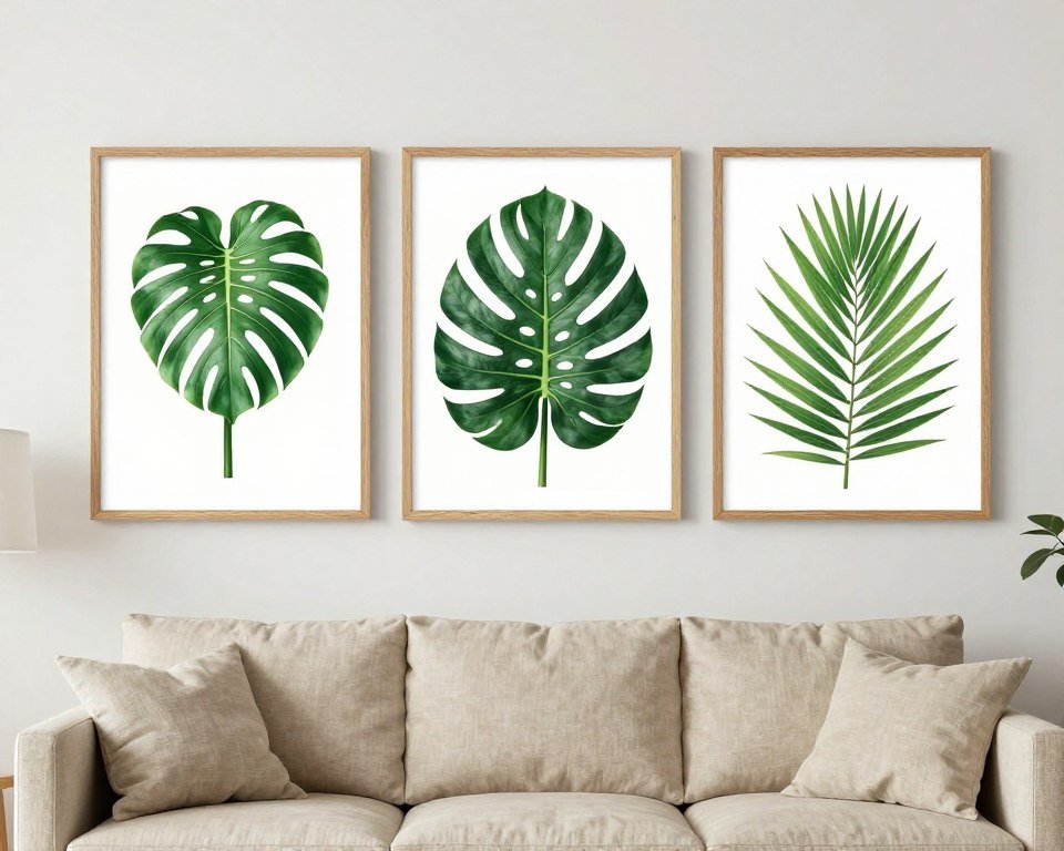 Beige sofa with large green botanical prints hanging above
