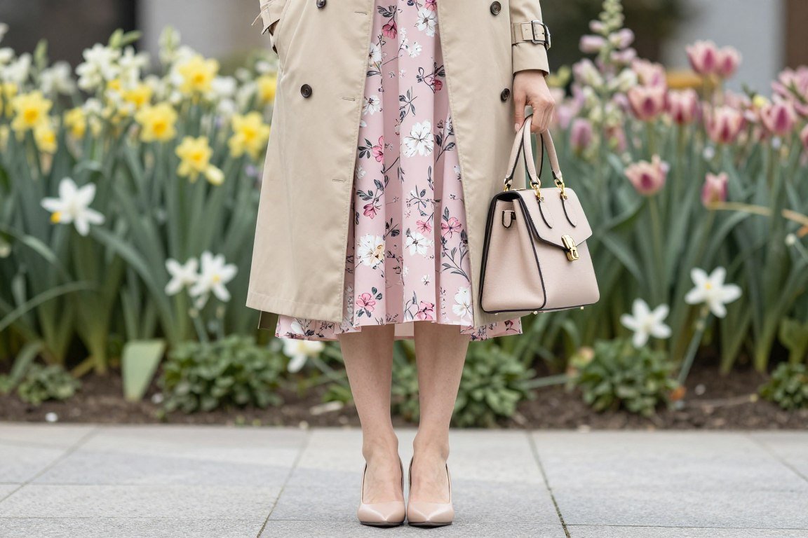 Beige trench coat over floral midi dress with spring accessories