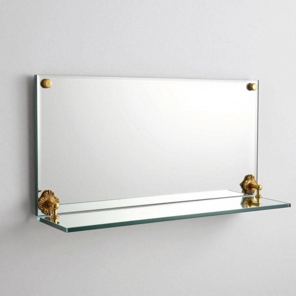 Beveled mirror shelf with antique brass brackets