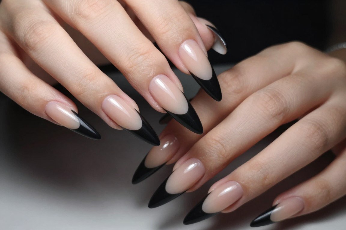 Black French tips on stiletto nails creating bold contrast and edge