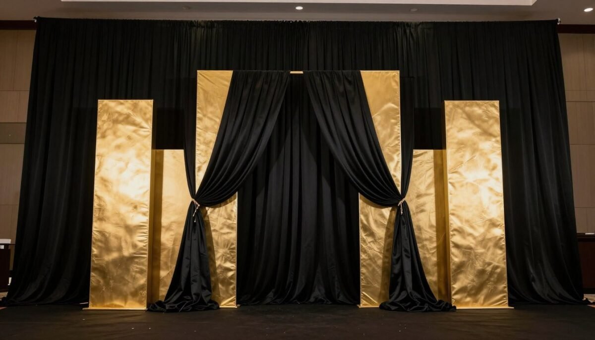 Black and gold wedding ceremony backdrop