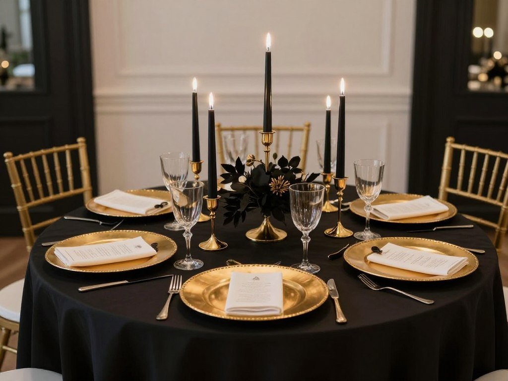 Black and gold wedding table setting
