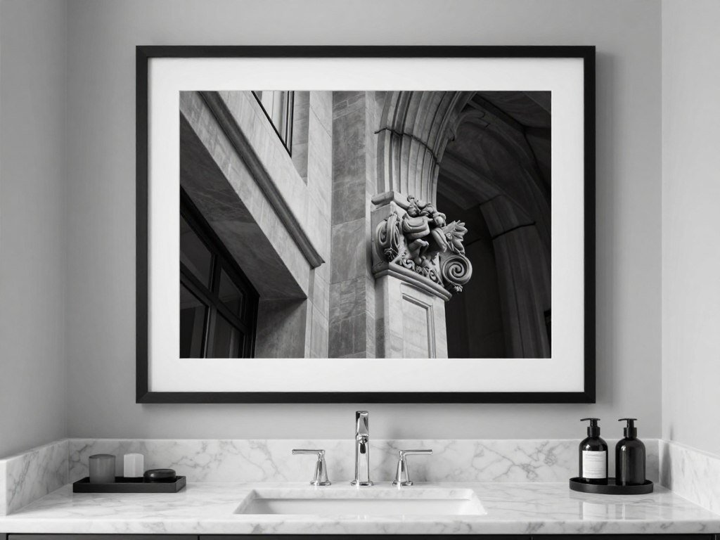 Black and white architectural photography in modern bathroom