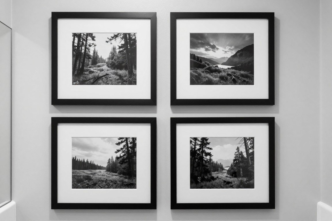 Black and white nature photography gallery wall bathroom