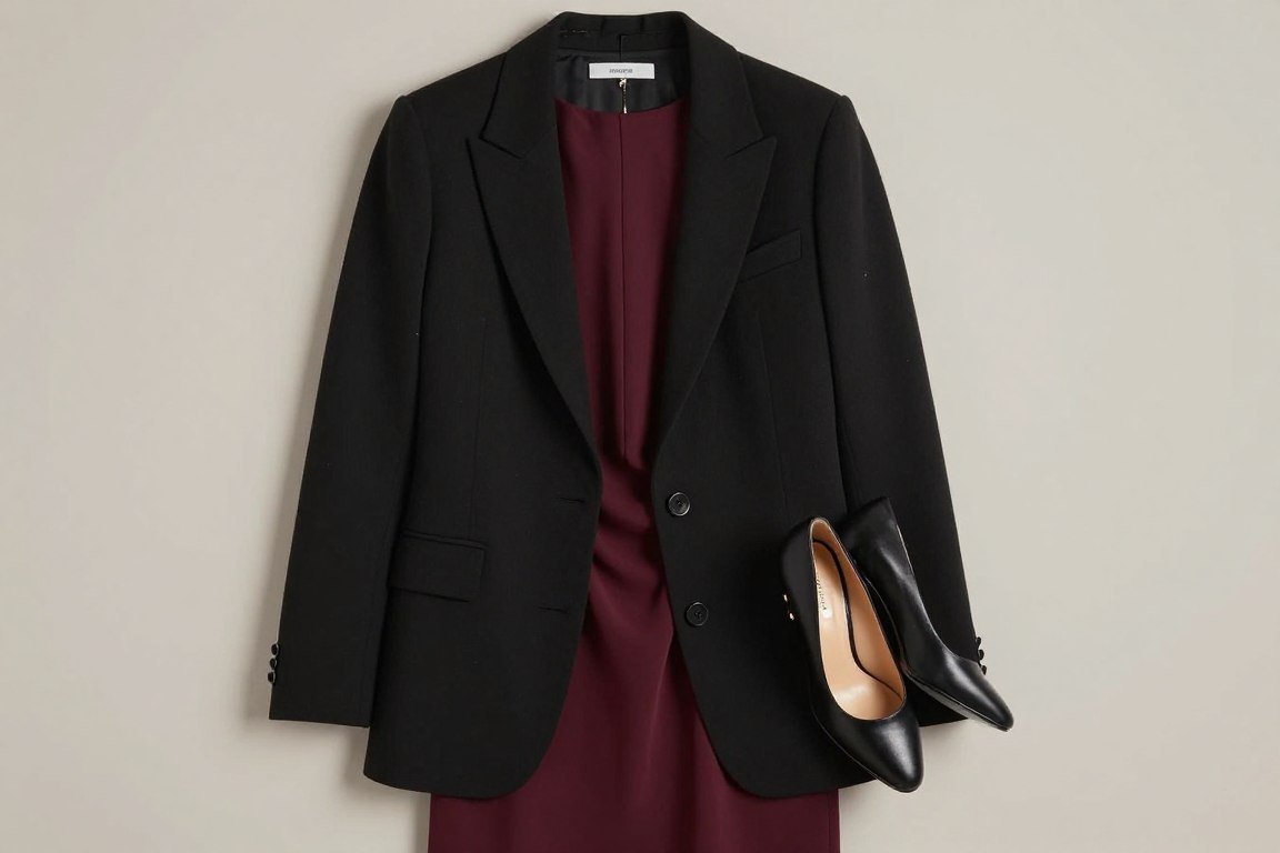 Black blazer layered over floral midi dress with elegant accessories