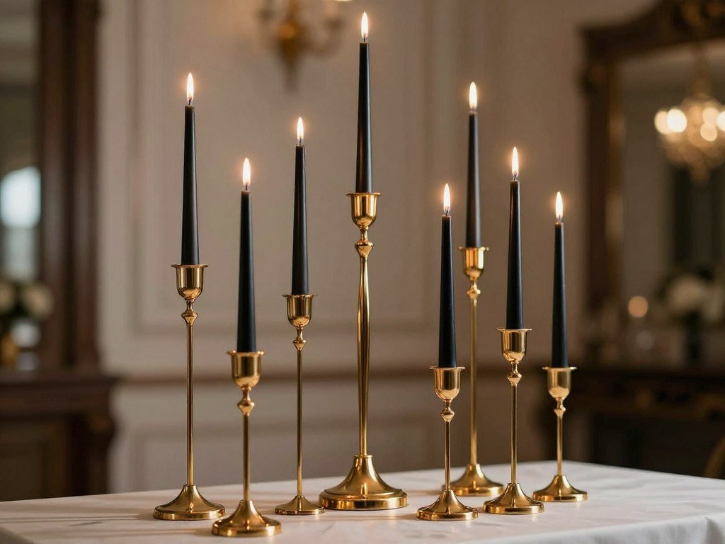 Black candles in gold holders